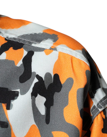 Multicolor camouflage cotton denim jacket with a collar by Dolce & Gabbana, shown on a model.