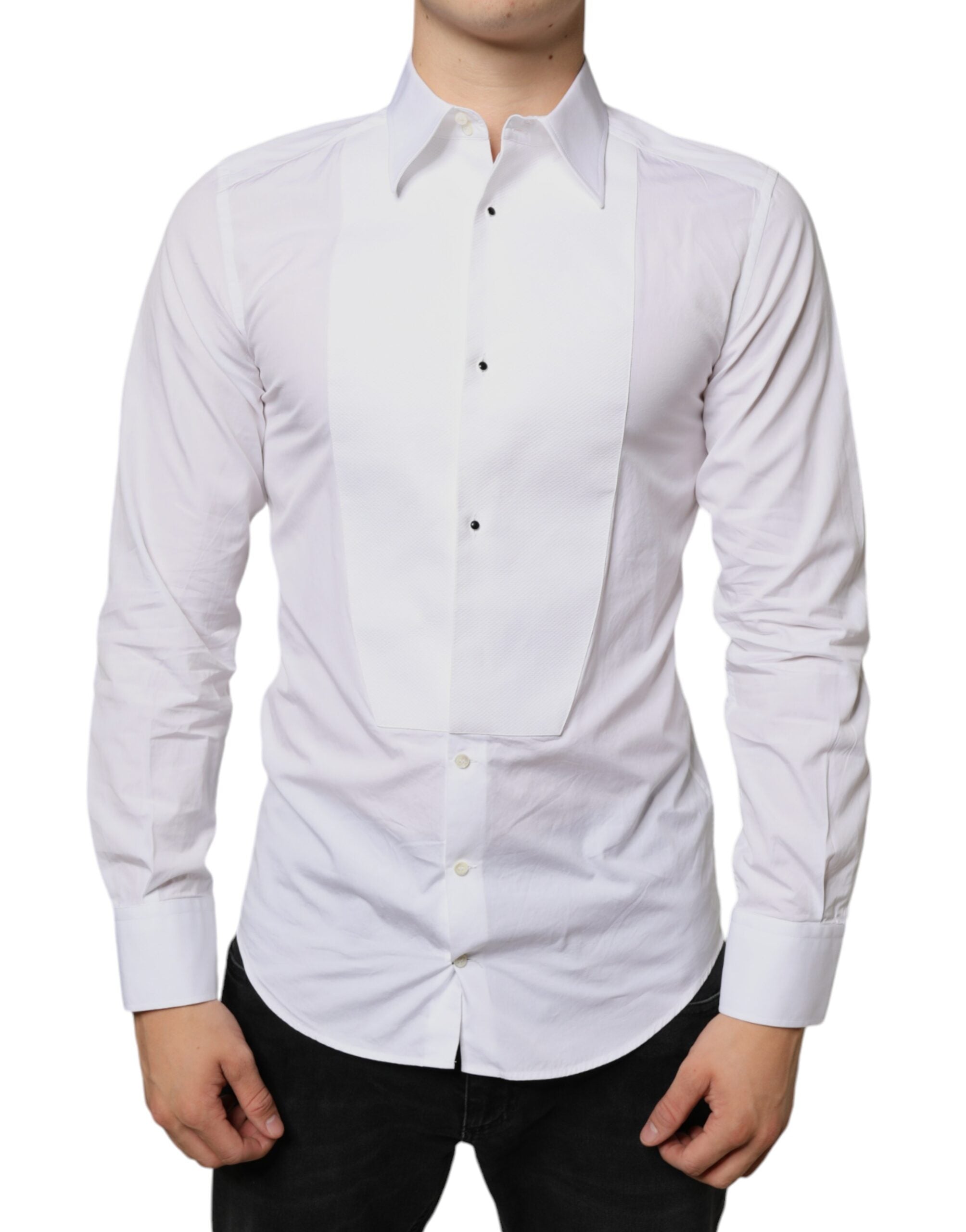White cotton poplin formal dress shirt by Dolce & Gabbana, shown with a classic collar and button front.