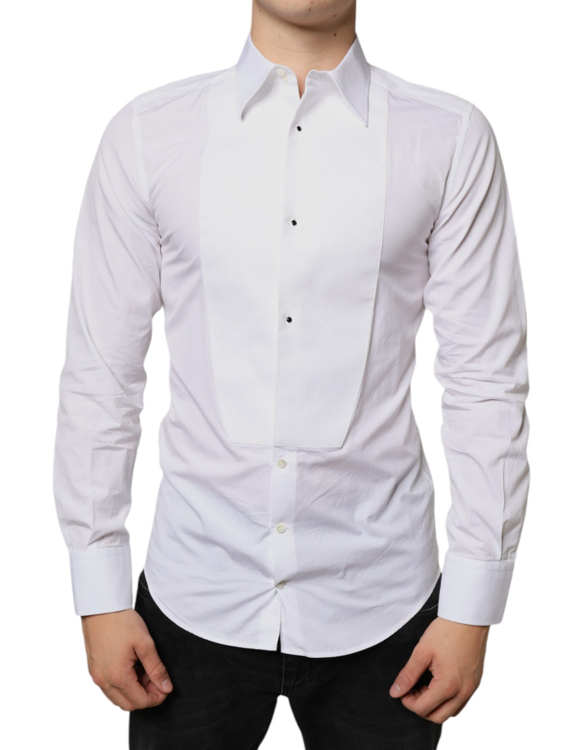 White cotton poplin formal dress shirt with a classic collar and button-down front from Dolce & Gabbana, suitable for elegant occasions.