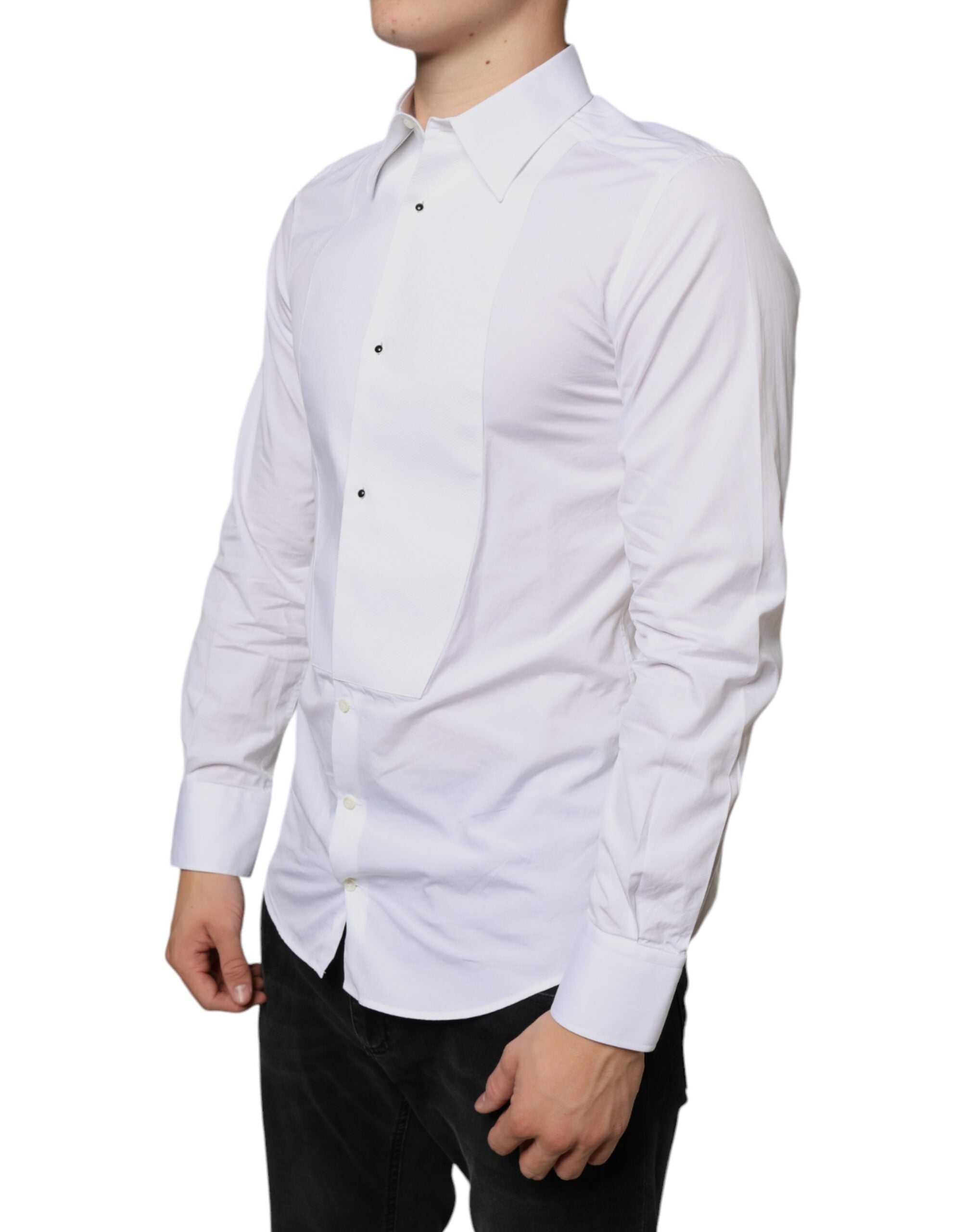White cotton poplin formal dress shirt by Dolce & Gabbana, shown with a classic collar and button front.