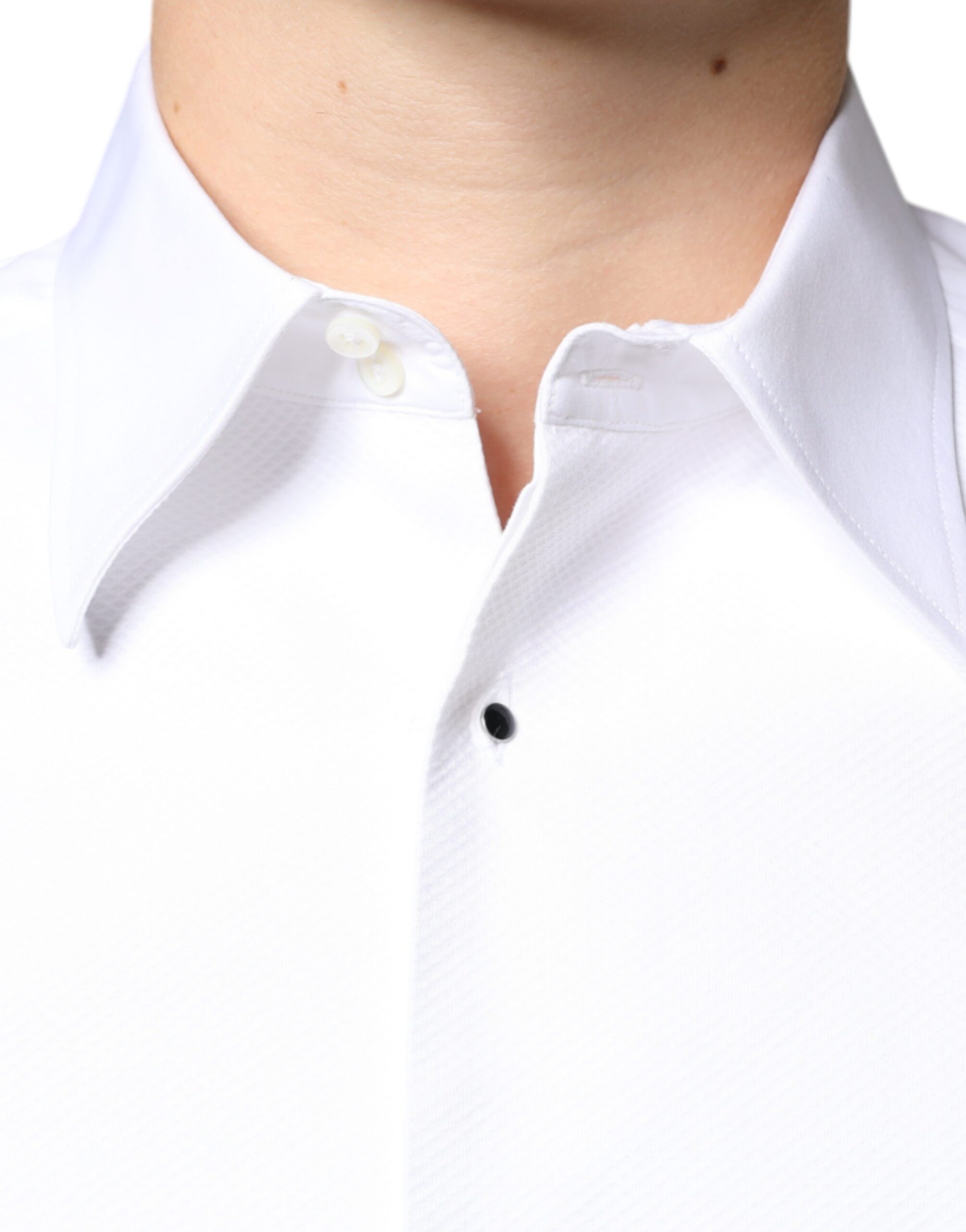 White cotton poplin formal dress shirt with a classic collar and button-down front by Dolce & Gabbana.