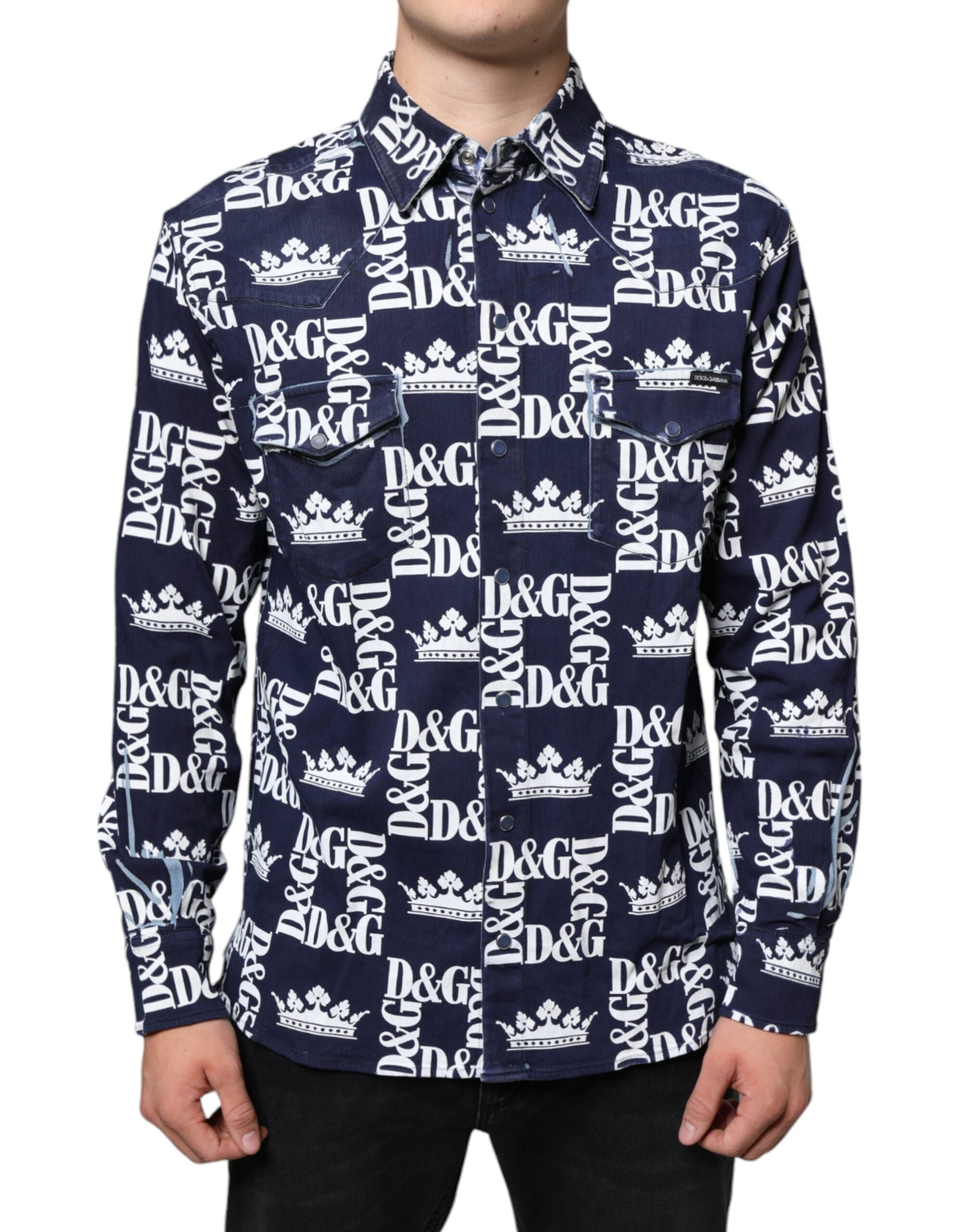 Blue cotton slim fit shirt by Dolce & Gabbana featuring a crown logo print, styled with a classic collar and button front.