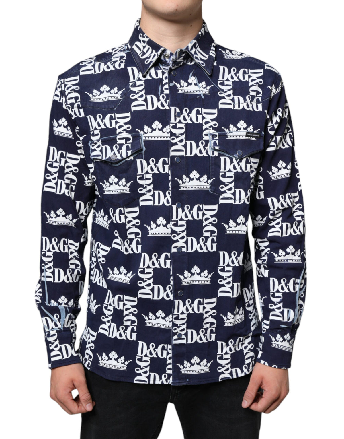Blue cotton slim fit shirt by Dolce & Gabbana featuring a crown logo print, styled with a classic collar and button front.