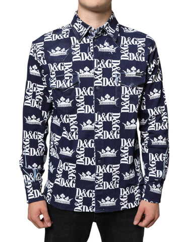 Blue cotton slim fit shirt by Dolce & Gabbana featuring a crown logo print, styled with a classic collar and button front.