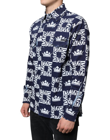 Blue slim fit cotton shirt with Dolce & Gabbana logo crown print, stylish men's fashion shirt.