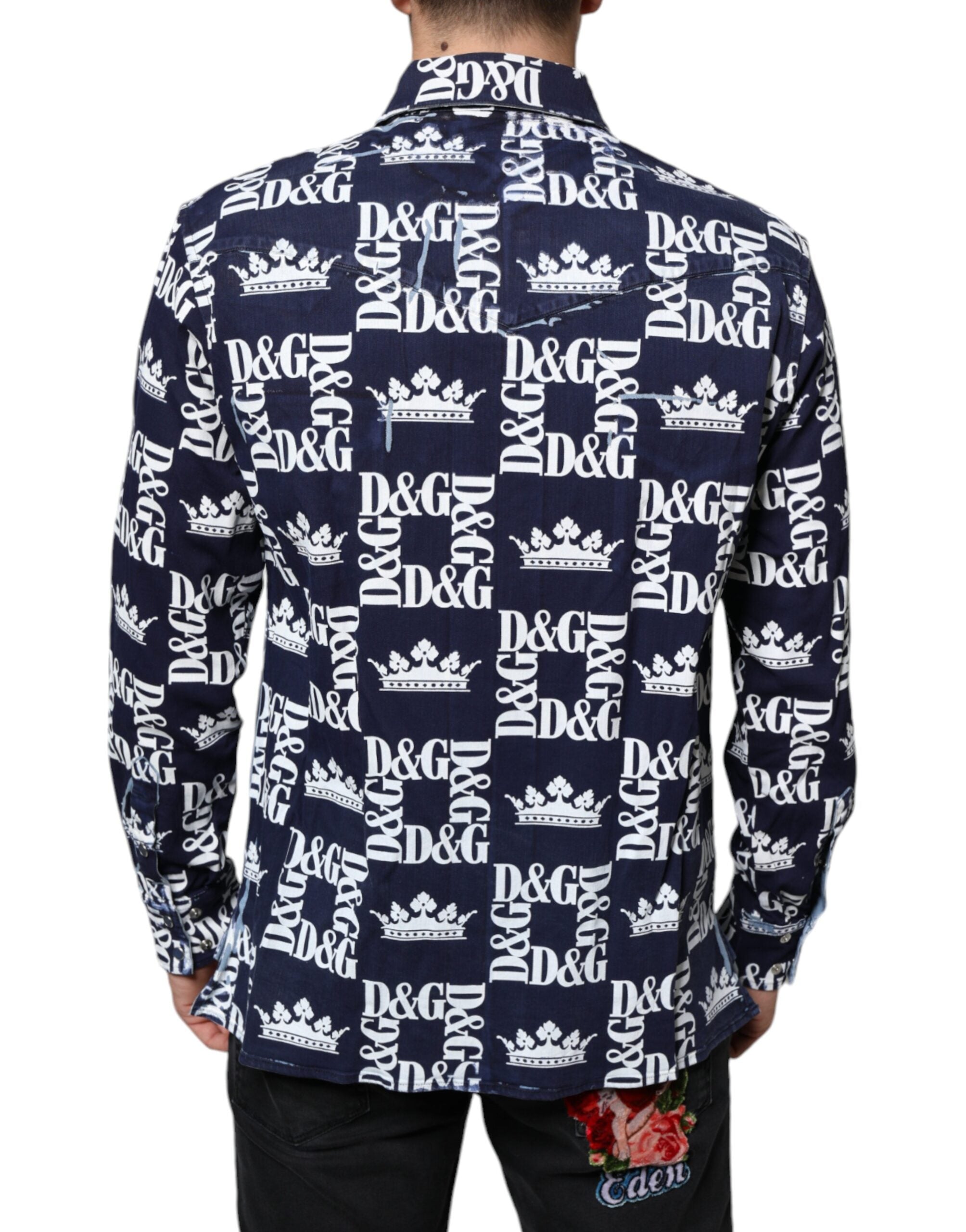 Blue cotton slim fit shirt with Dolce & Gabbana blue crown logo print, stylish men's casual shirt.