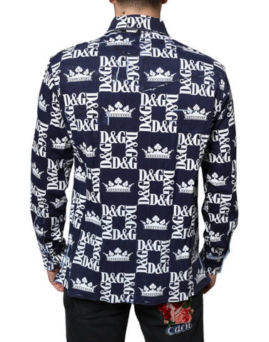 Blue cotton slim fit shirt with Dolce & Gabbana blue crown logo print, stylish men's casual shirt.