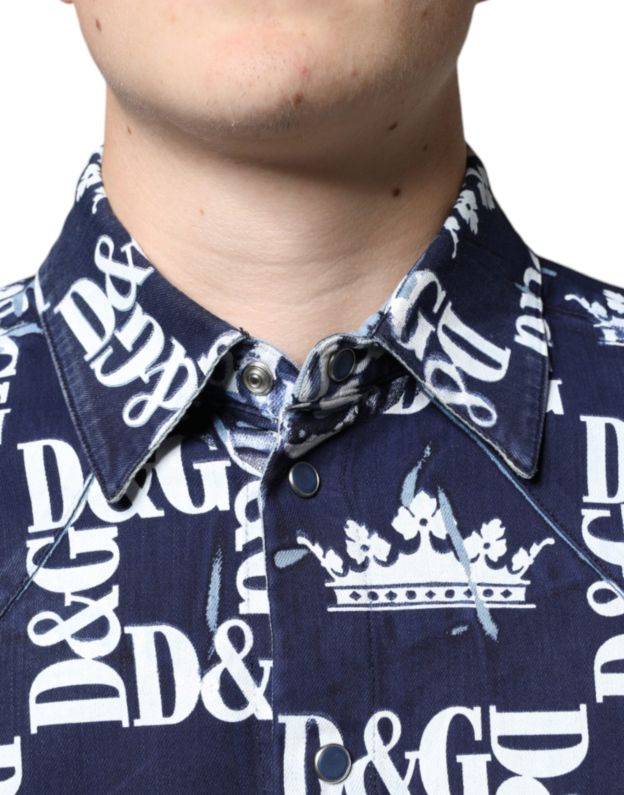 Blue cotton slim fit shirt with Dolce & Gabbana crown logo print, featuring a stylish, modern design.