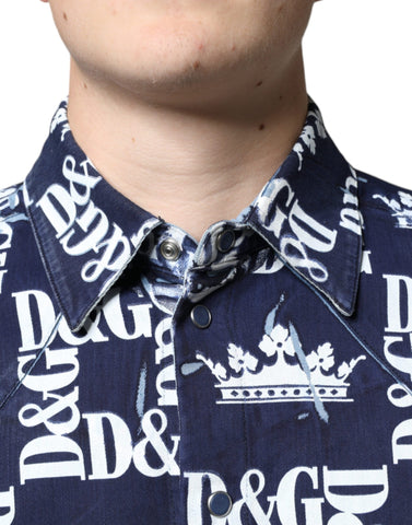Blue cotton slim fit shirt with Dolce & Gabbana crown logo print, featuring a stylish, modern design.