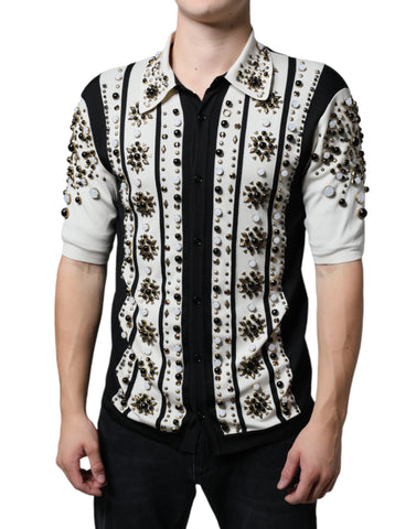 White and black silk shirt by Dolce & Gabbana with studded stone and crystal embellishments, featuring a sophisticated and elegant design.
