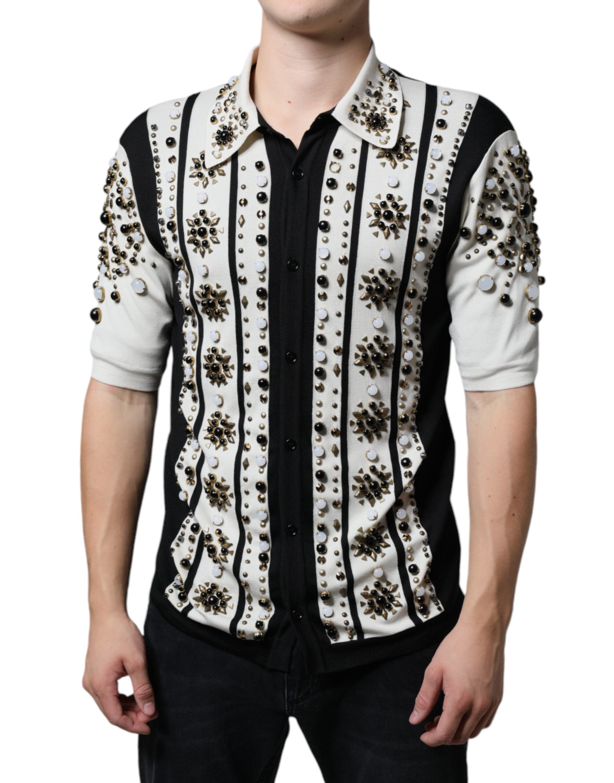 White and black silk shirt with studded stone and crystal embellishments by Dolce & Gabbana, featuring a stylish, elegant design.