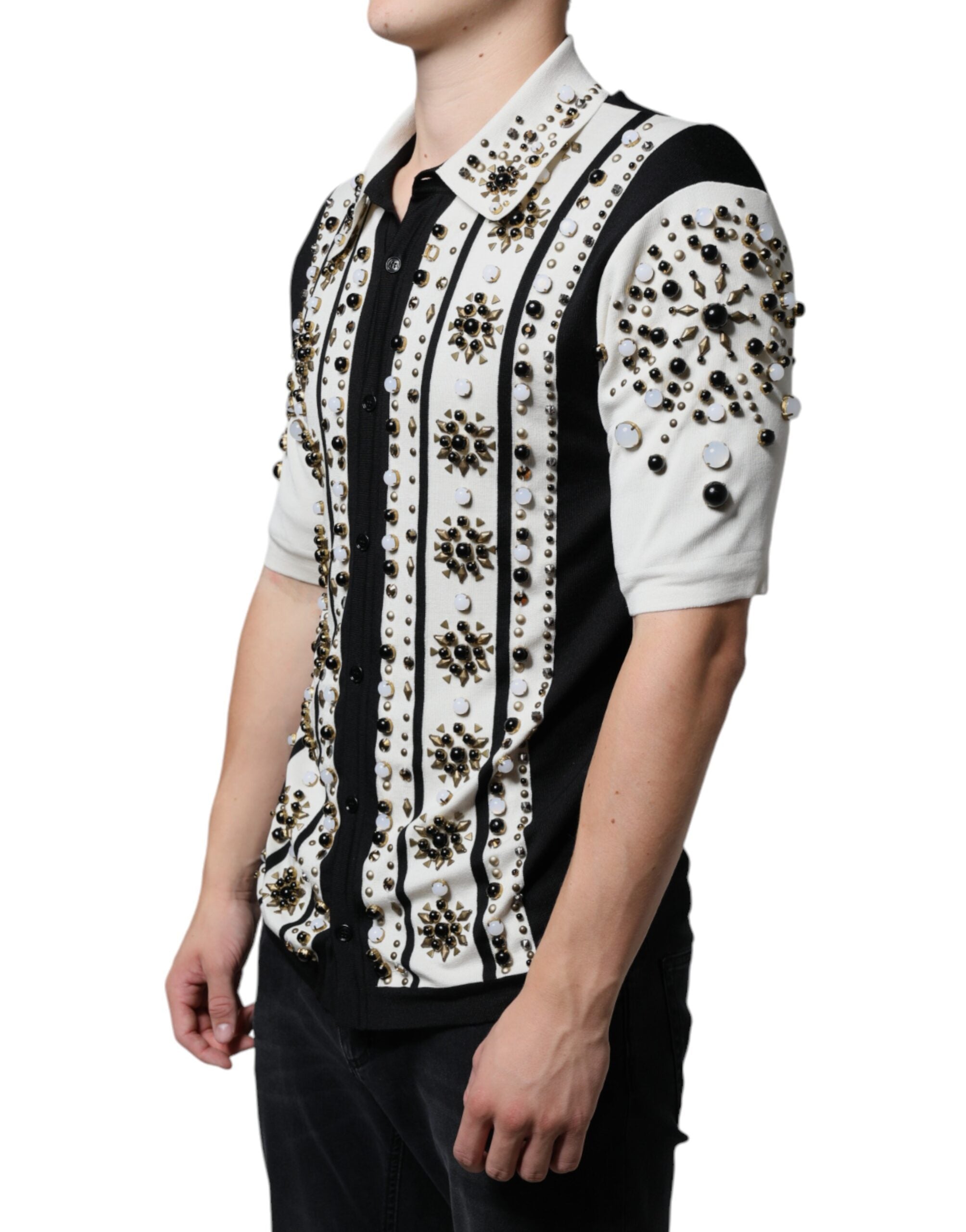 White silk shirt by Dolce & Gabbana with black studded stones and crystal embellishments, featuring a stylish and elegant design.