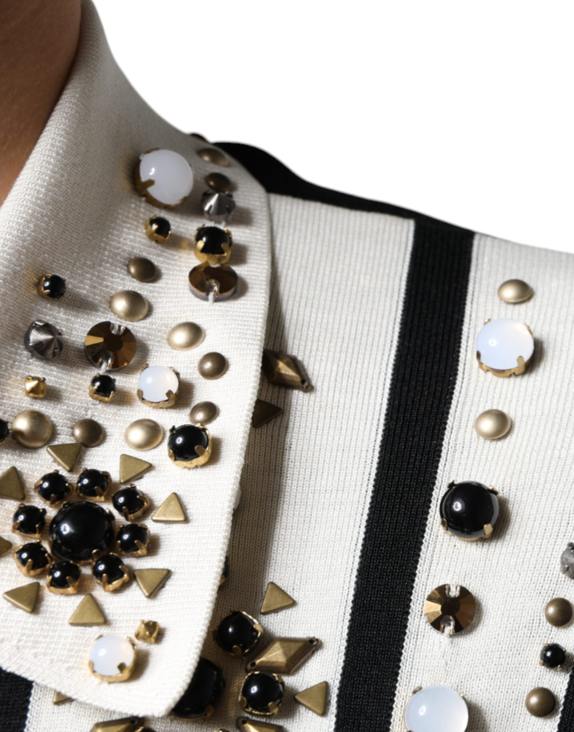 White and black silk shirt by Dolce & Gabbana with studded stone and crystal embellishments, featuring a stylish and elegant design.