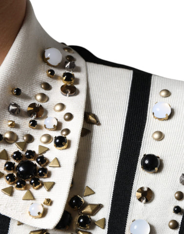 White and black silk shirt by Dolce & Gabbana with studded stone and crystal embellishments, featuring a stylish and elegant design.