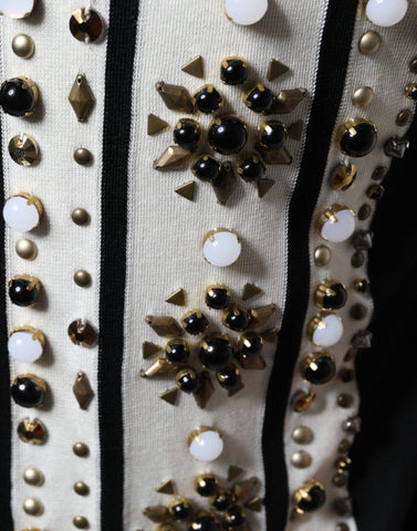 White and black silk shirt with studded stone and crystal embellishments by Dolce & Gabbana.