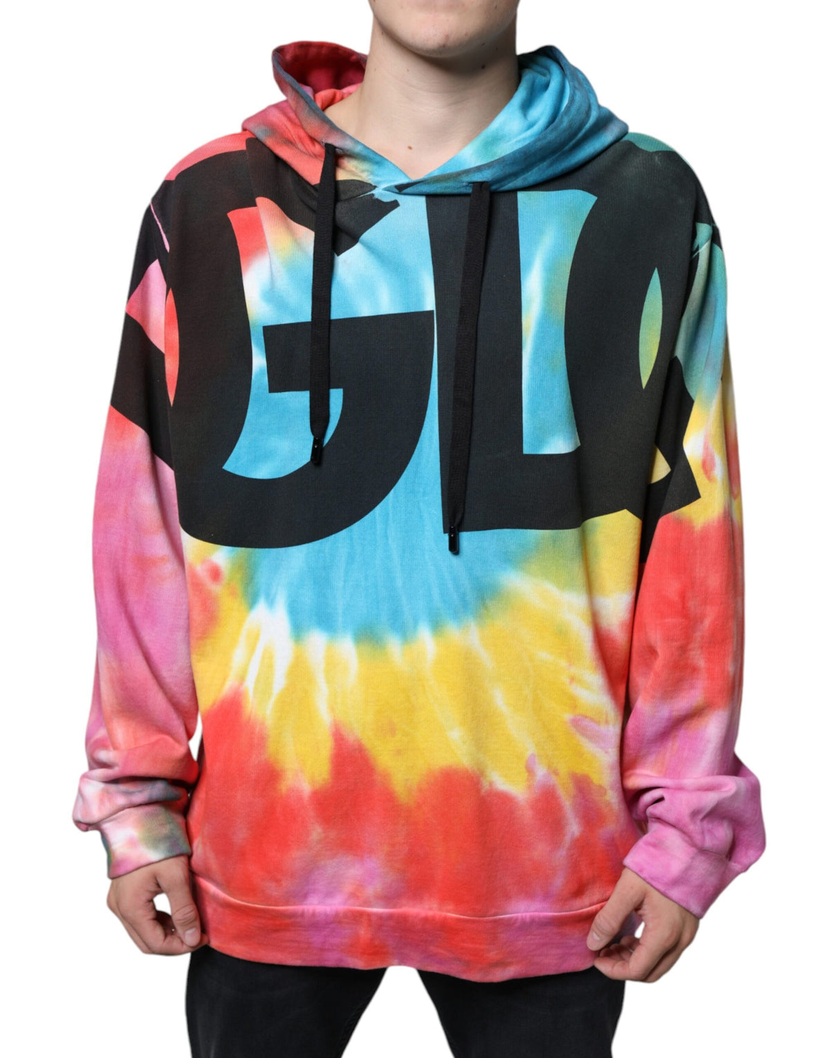 Multicolor tie dye hooded sweatshirt by Dolce & Gabbana featuring a vibrant, casual sweater with a drawstring hood and long sleeves.