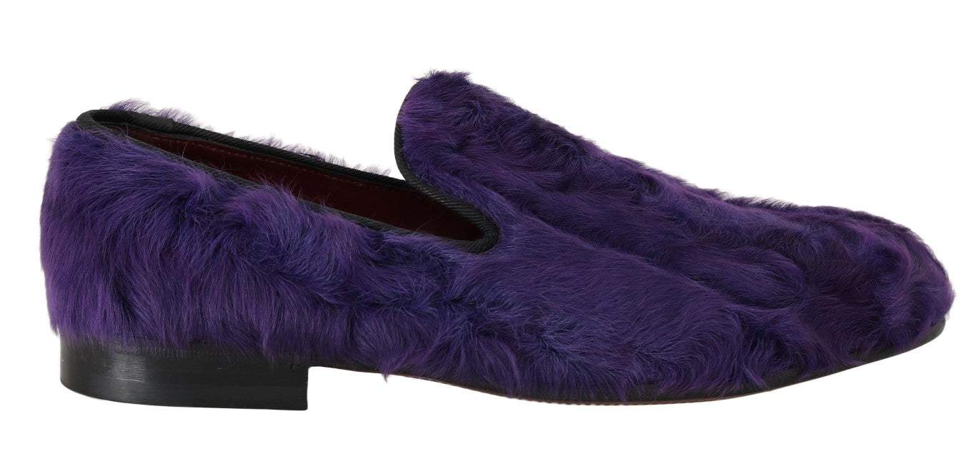 Purple sheep fur leather loafers by Dolce & Gabbana with a sleek slip-on design and textured fur accents.