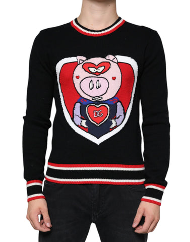 Black cashmere pig of the year Dolce & Gabbana pullover sweater featuring a detailed pig embroidery on the front.