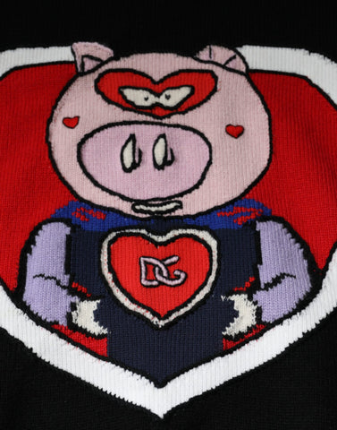 Black Dolce & Gabbana cashmere pig of the year pullover sweater with detailed pig embroidery on soft knit fabric.