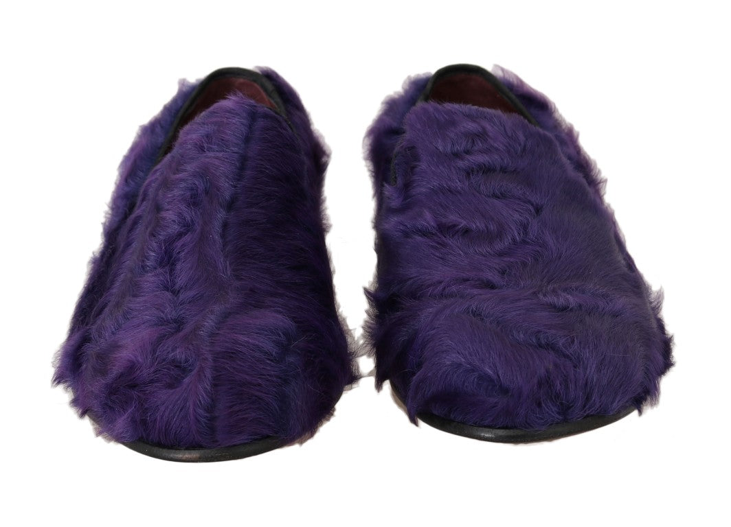 Purple sheep fur leather loafers by Dolce & Gabbana, featuring soft fur accents and classic loafer design.