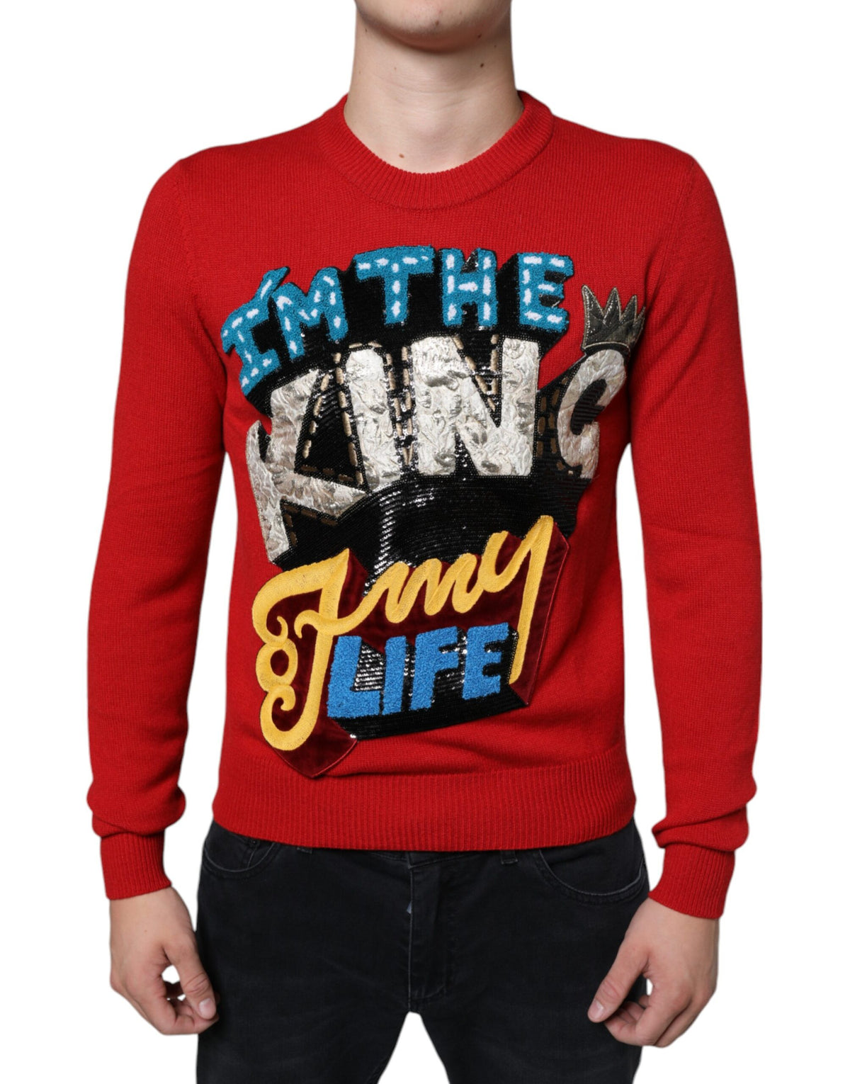 Red Dolce & Gabbana wool crew neck sweatshirt with "I'm The King" text, featuring a comfortable fit and stylish design.