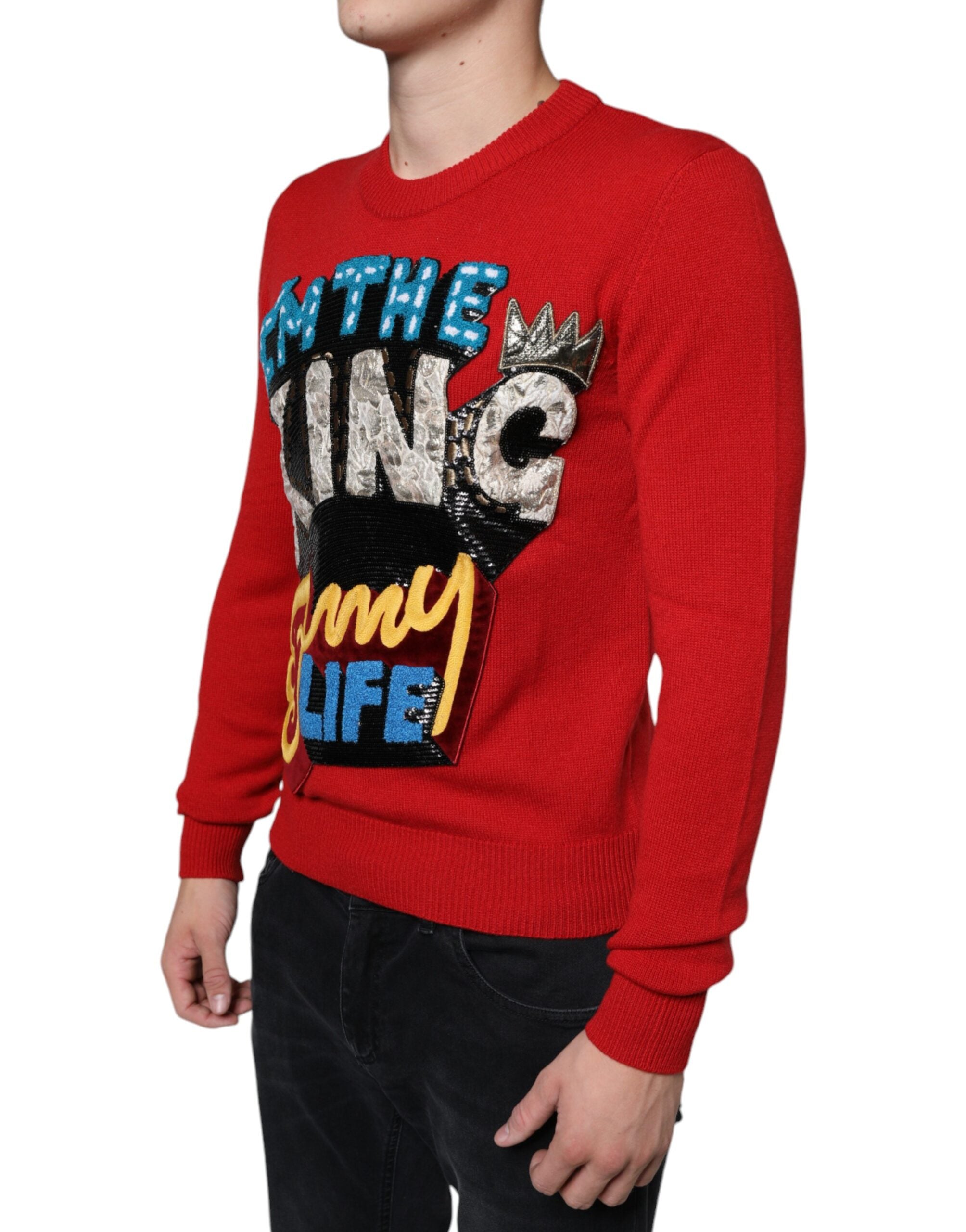 Red Dolce & Gabbana I'm The King wool crew neck sweatshirt with bold text design on the front.