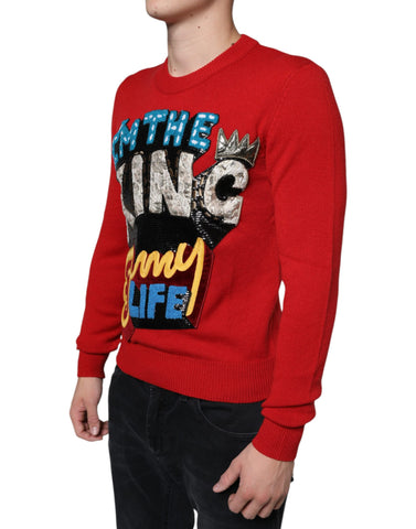 Red Dolce & Gabbana I'm The King wool crew neck sweatshirt with bold text design on the front.