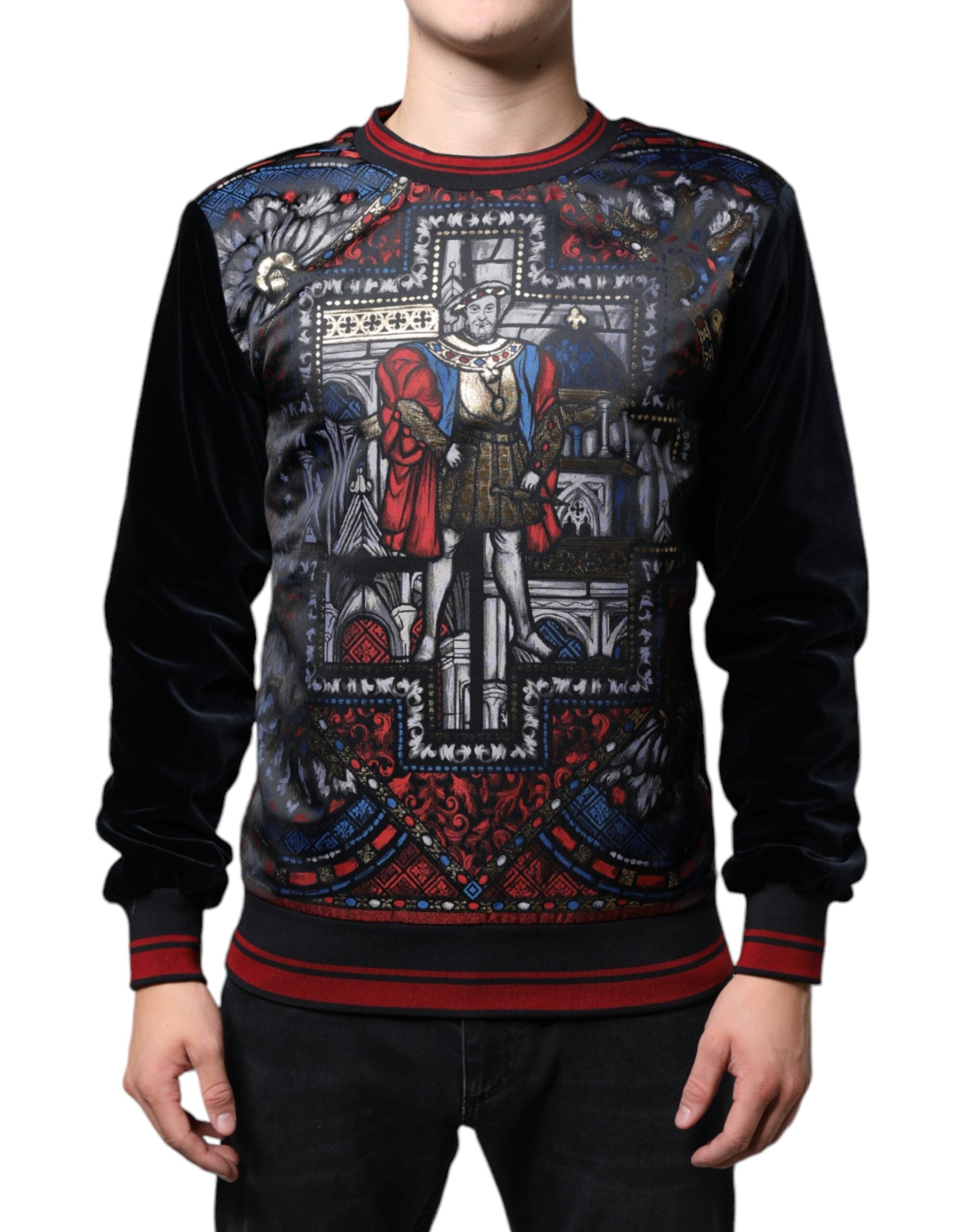 Multicolor jacquard crew neck sweatshirt by Dolce & Gabbana showcasing vibrant woven patterns and a classic sweater fit.