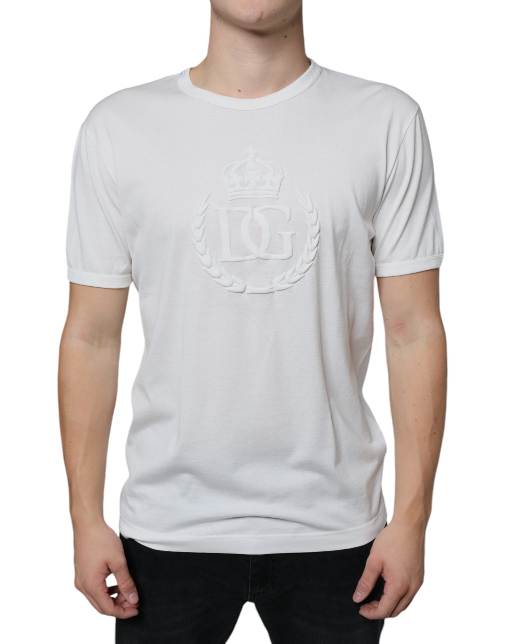 White cotton crewneck T-shirt with embossed Dolce & Gabbana logo on the chest, casual and stylish men's T-shirt.