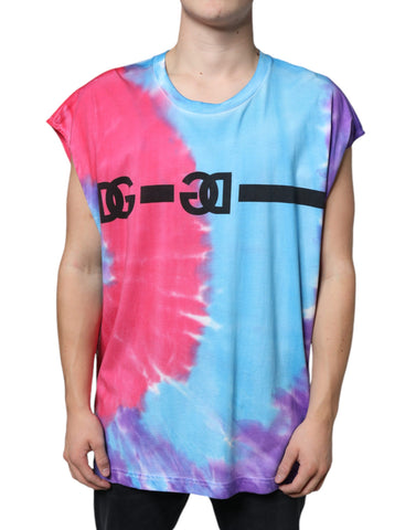 Multicolor tie-dye cotton sleeveless T-shirt by Dolce & Gabbana, featuring vibrant, swirling dye pattern and sleeveless design.