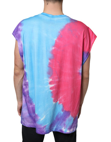 Multicolor tie dye cotton sleeveless T-shirt by Dolce & Gabbana, featuring vibrant swirling patterns and casual fit.