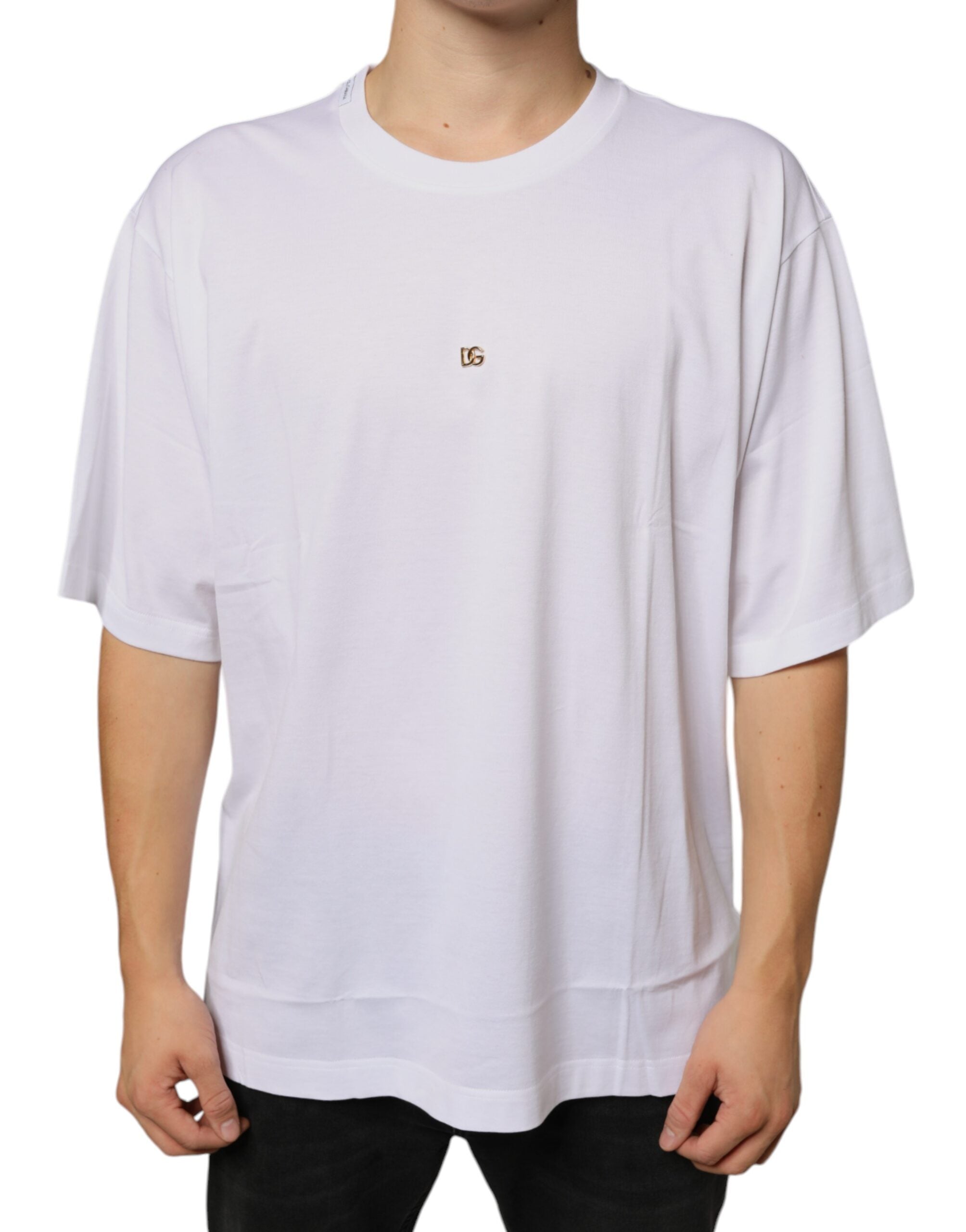 White Dolce & Gabbana cotton short sleeve T-shirt with metal DG logo print on the front.