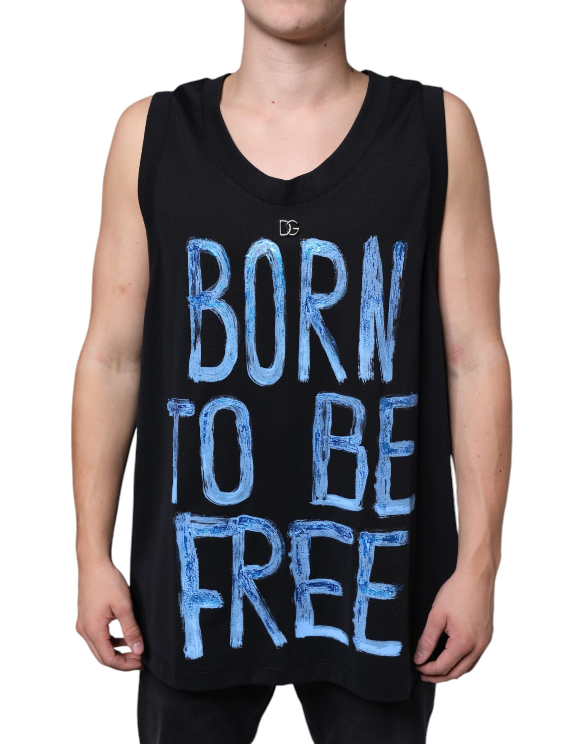 Black cotton sleeveless T-shirt with "Born To Be Free" slogan, by Dolce & Gabbana, featuring a casual, stylish fit.