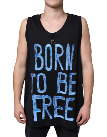 Black cotton sleeveless T-shirt with "Born To Be Free" slogan, by Dolce & Gabbana, featuring a casual, stylish fit.