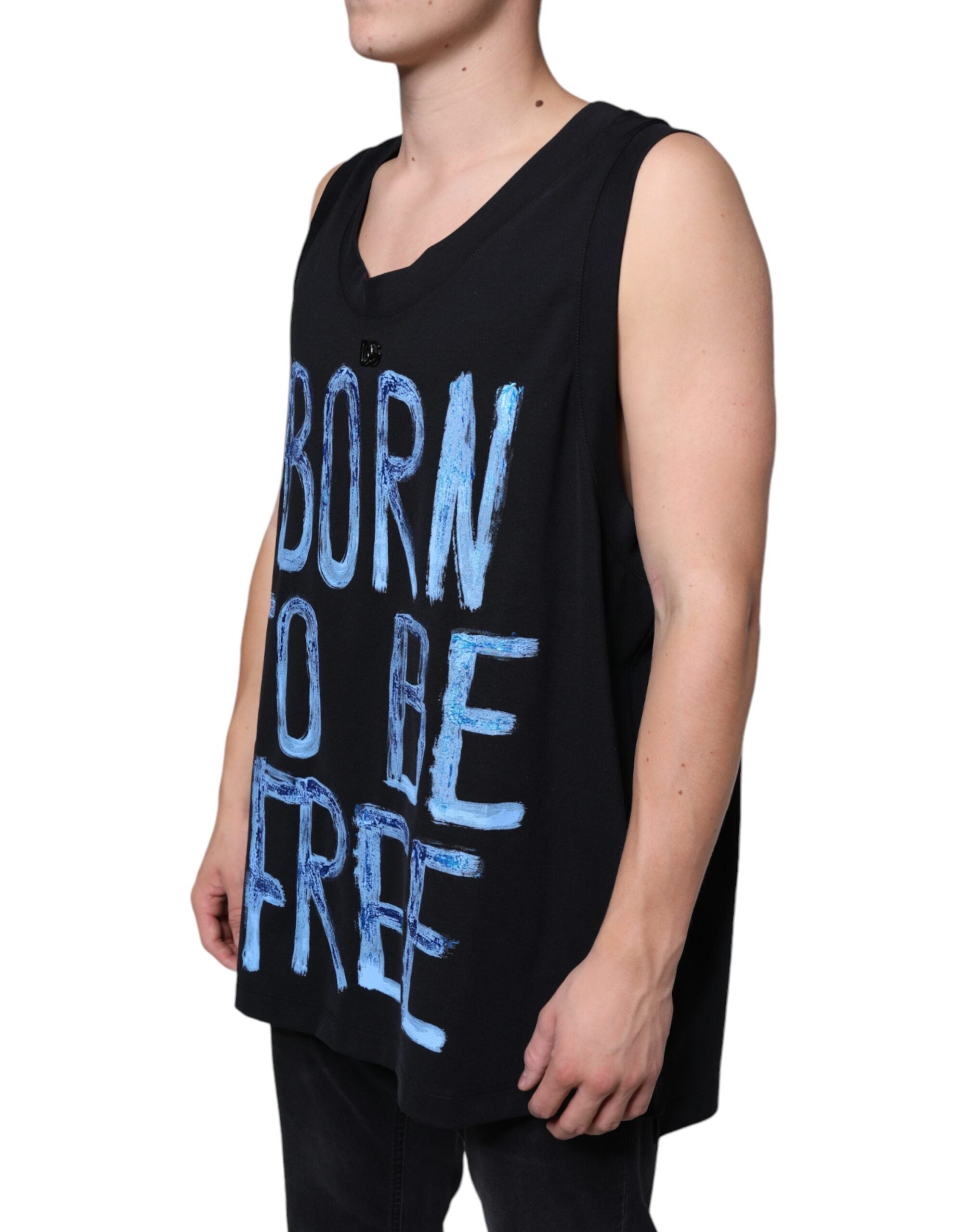 Black cotton sleeveless T-shirt by Dolce & Gabbana with "Born To Be Free" print on the front.