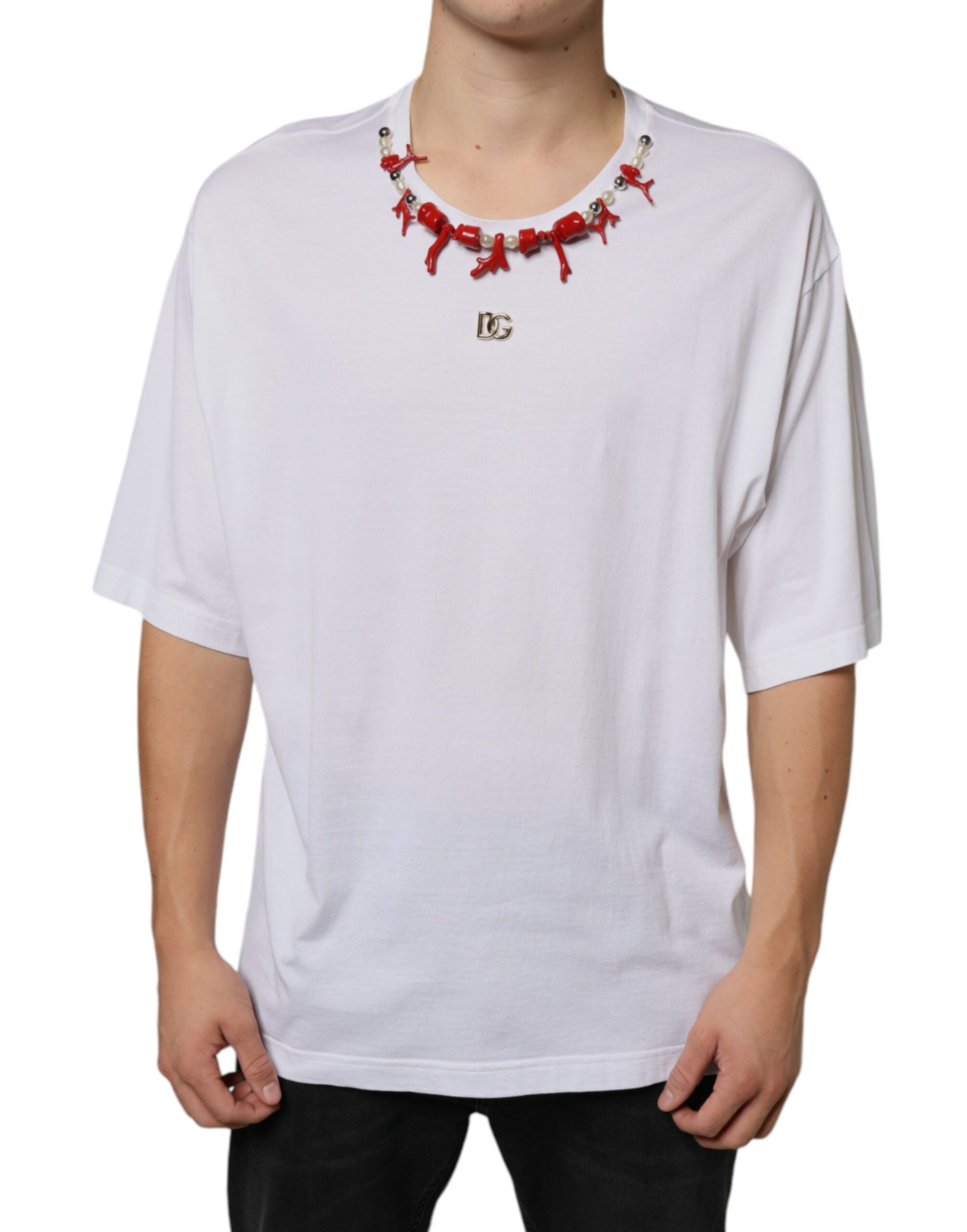 White cotton T-shirt by Dolce & Gabbana with a necklace embellishment, featuring a casual fit and stylish design.