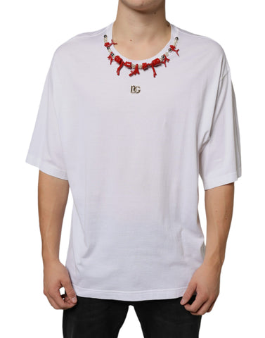 White cotton T-shirt with a decorative necklace embellishment by Dolce & Gabbana, shown on a plain background.
