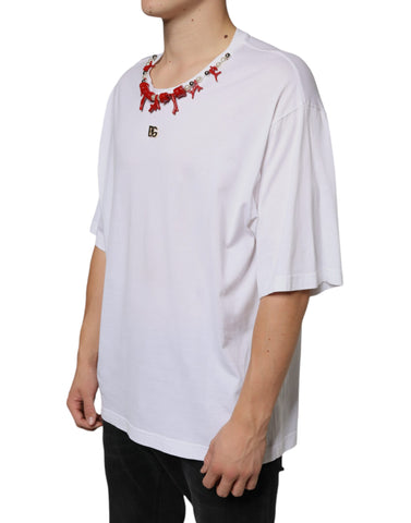 White cotton T-shirt with Dolce & Gabbana white necklace embellishment, casual style, front view showing necklace detail.