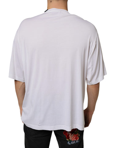 White cotton T-shirt with embellished necklace design by Dolce & Gabbana, featuring intricate embellishments on the neckline.