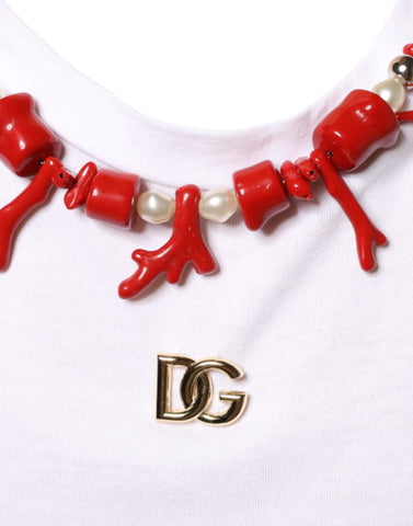 White cotton T-shirt with a Dolce & Gabbana white necklace embellishment, casual style with decorative jewelry detail.