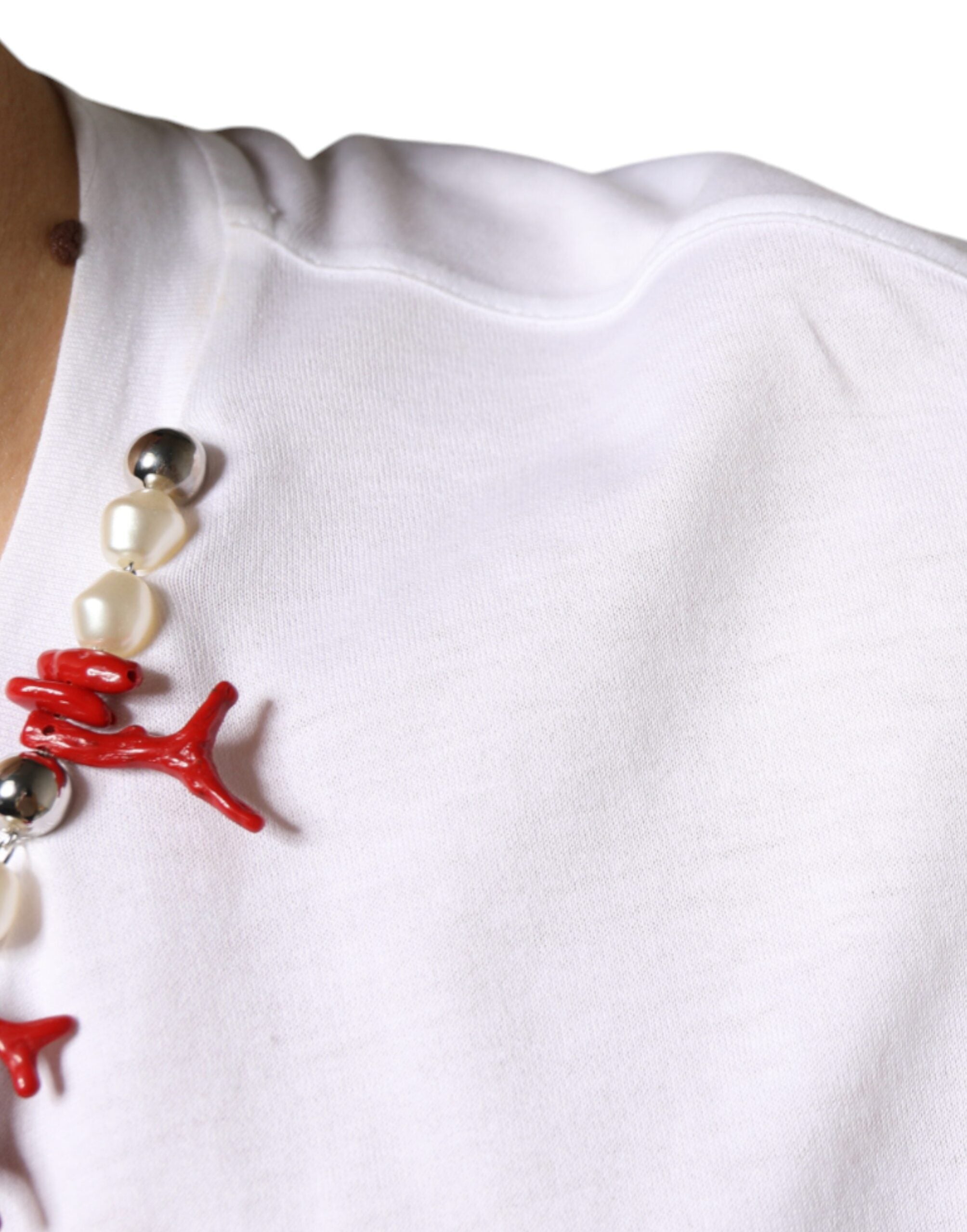 White cotton T-shirt with necklace embellishment by Dolce & Gabbana, featuring a casual fit and decorative jewelry detail.