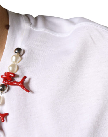 White cotton T-shirt with necklace embellishment by Dolce & Gabbana, featuring a casual fit and decorative jewelry detail.