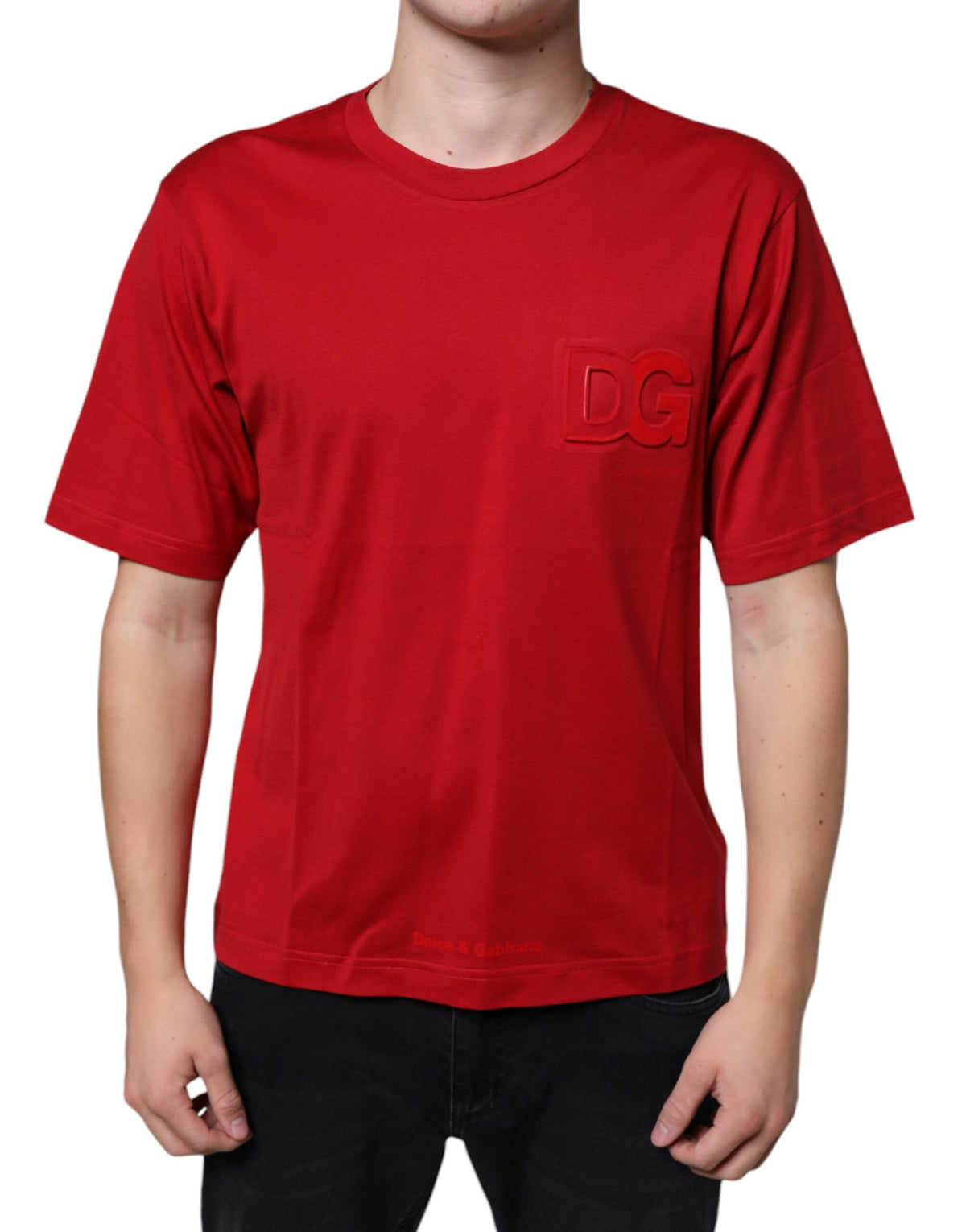 Red cotton Dolce & Gabbana crew neck T-shirt with DG logo print, featuring a casual fit and stylish design.