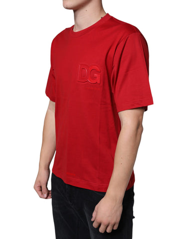 Red cotton Dolce & Gabbana crew neck T-shirt with DG logo print, casual and stylish, displayed on a plain background.