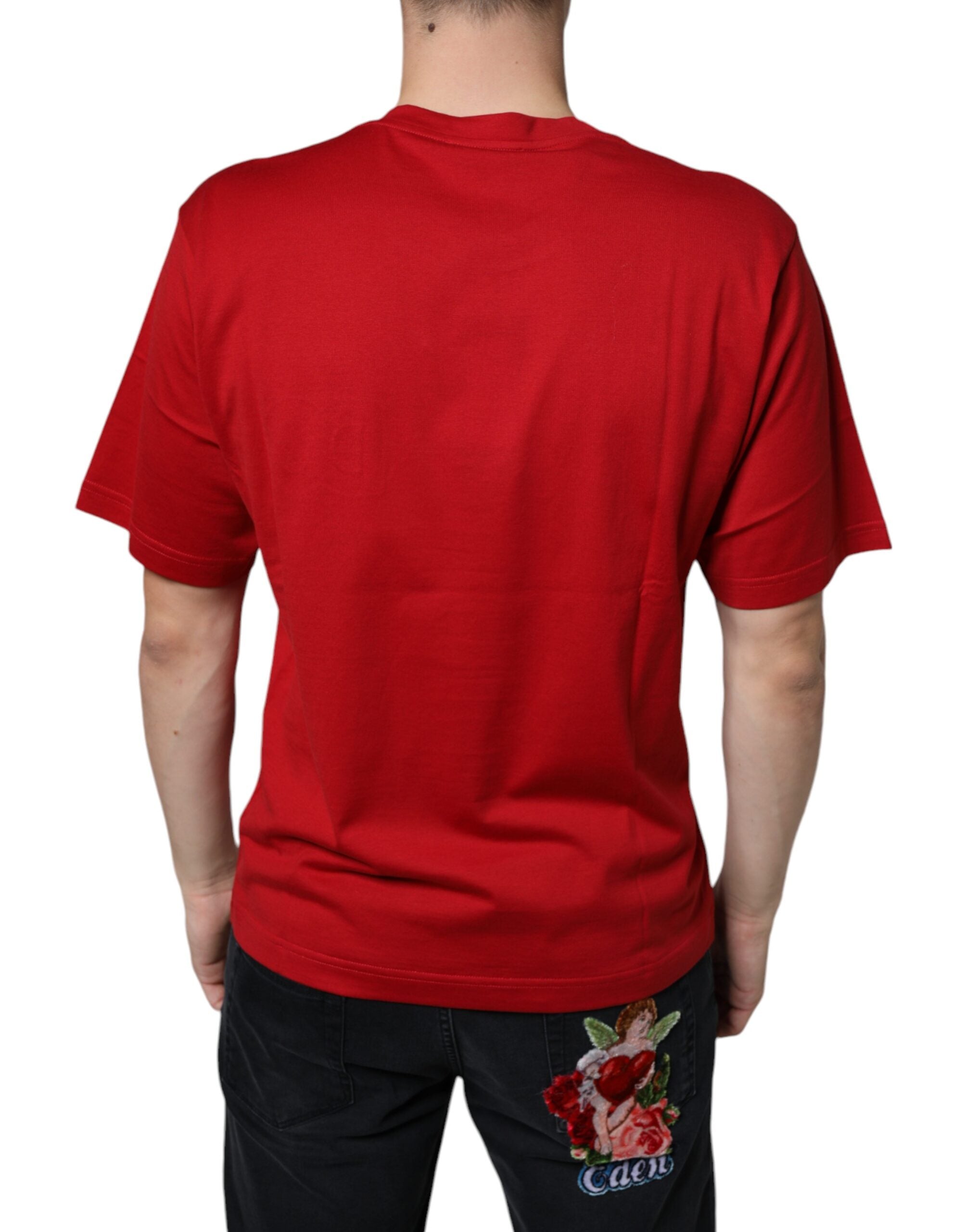 Red cotton Dolce & Gabbana crew neck T-shirt with DG logo print, featuring a casual fit and classic design.