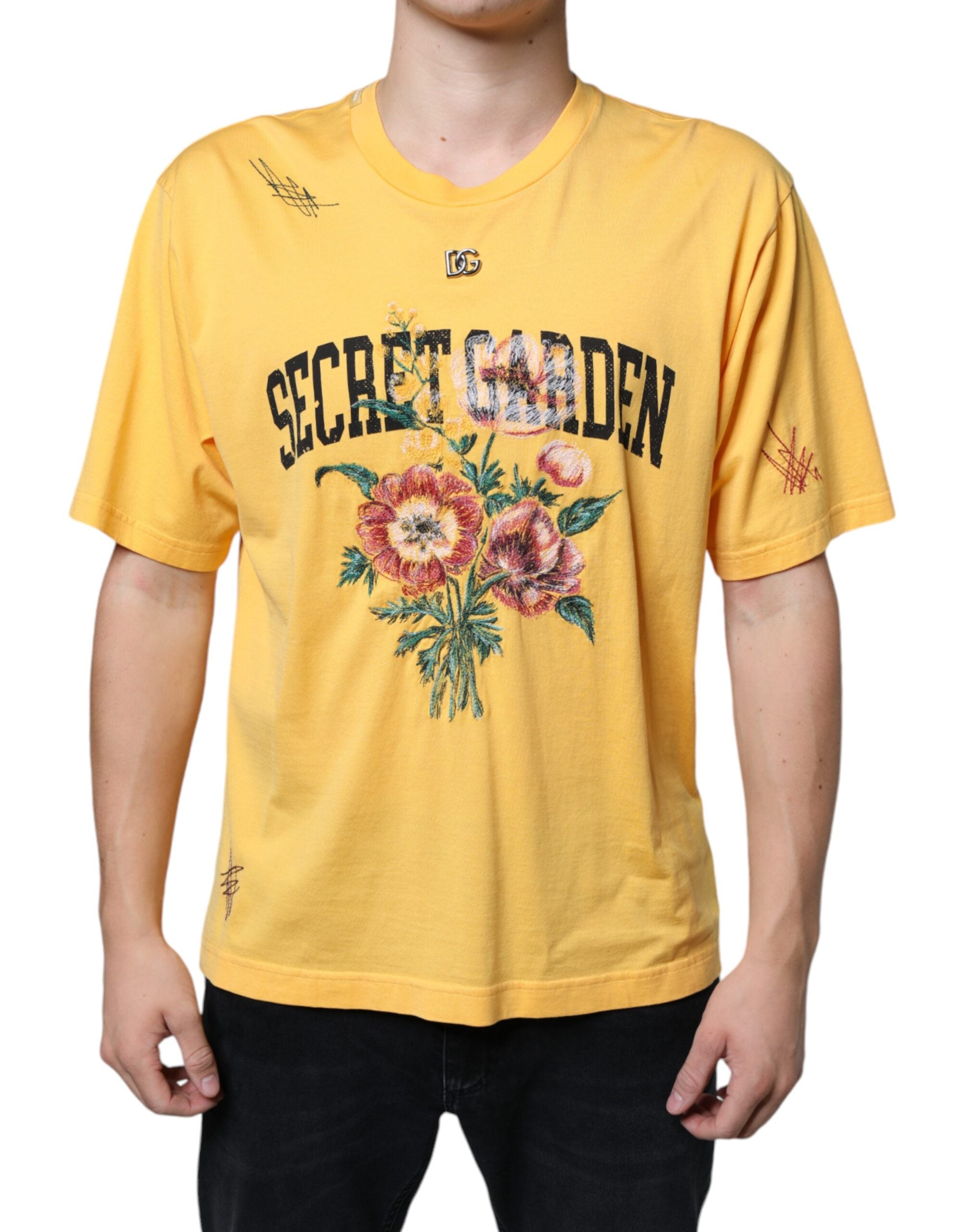 Yellow floral cotton crew neck T-shirt by Dolce & Gabbana with a secret garden-inspired print, casual and stylish for everyday wear.