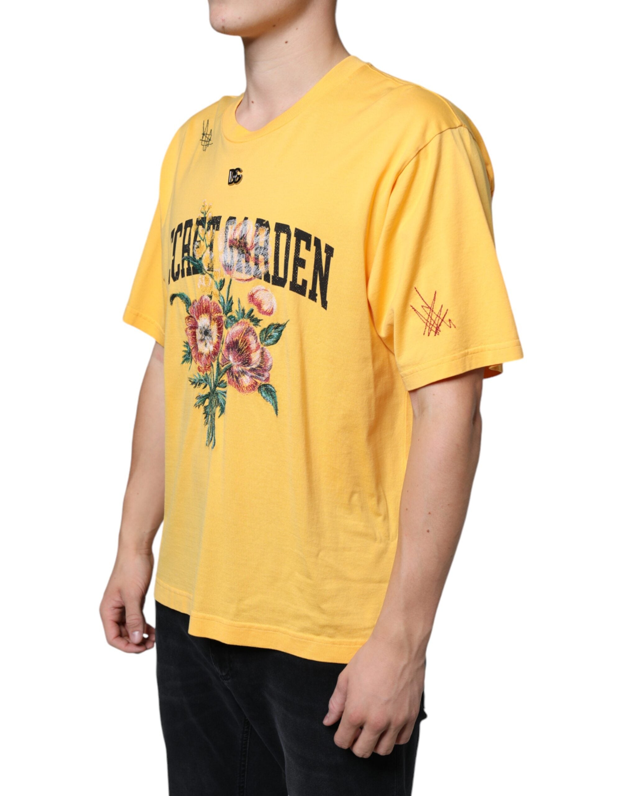 Yellow floral cotton crew neck T-shirt by Dolce & Gabbana featuring a secret garden design and vibrant floral print.
