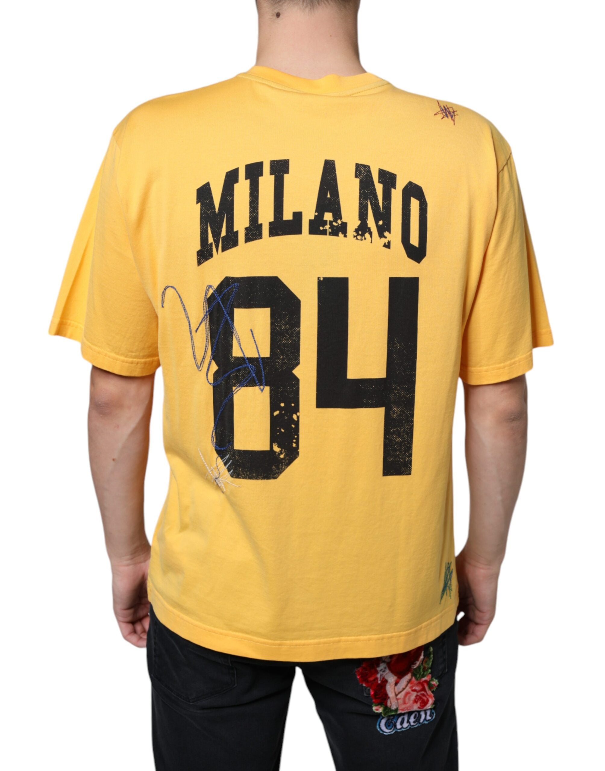 Yellow floral cotton crew neck T-shirt by Dolce & Gabbana featuring a secret garden design.