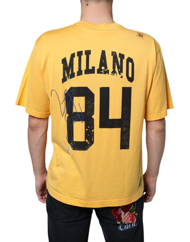 Yellow floral cotton crew neck T-shirt by Dolce & Gabbana featuring a secret garden design.