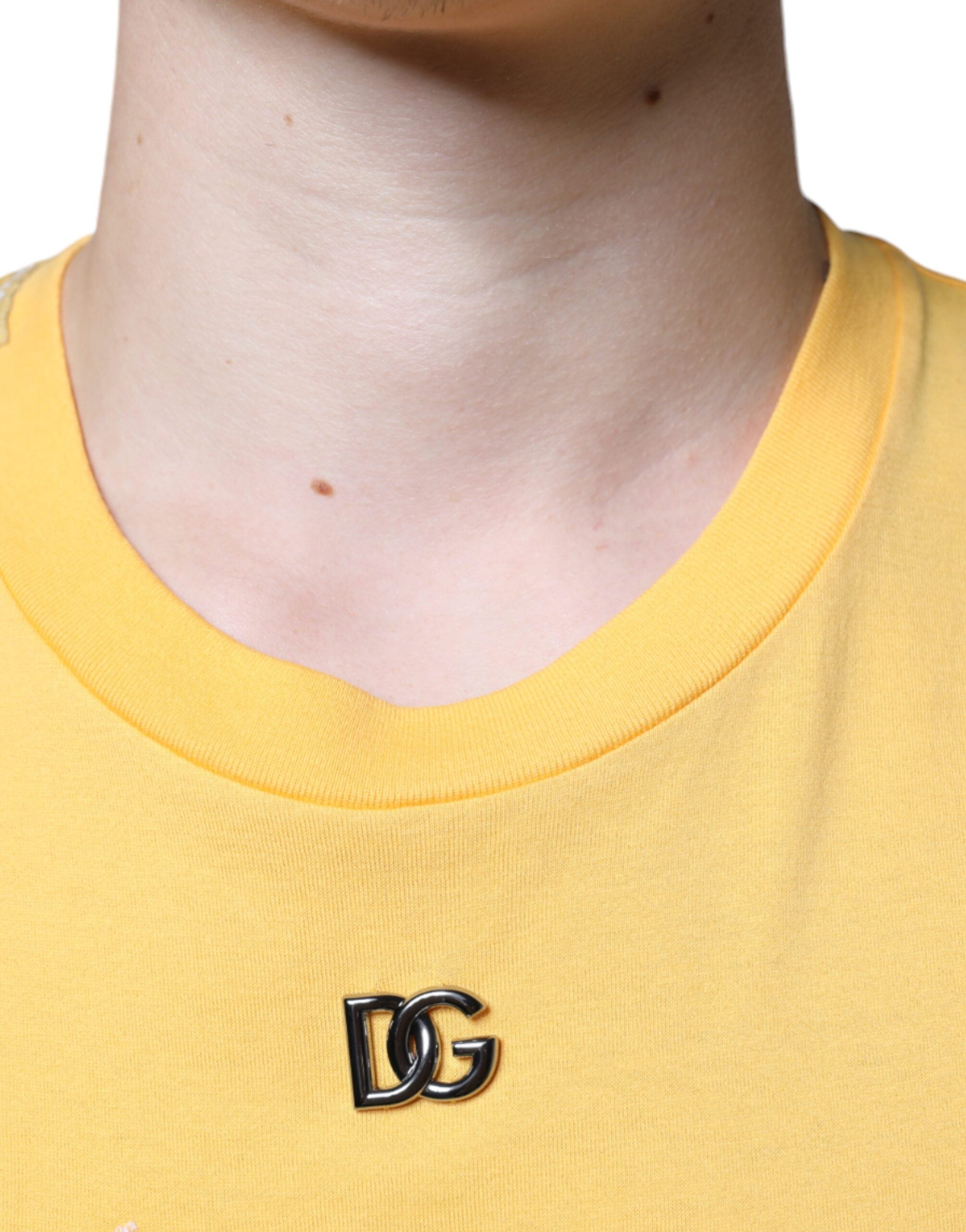 Yellow floral cotton crew neck T-shirt by Dolce & Gabbana with secret garden print, short sleeves, and casual fit.